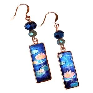 Water Lilies Earrings Claude Monet Handmade Art Pink Blue Glass Labradorite